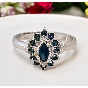 Vintage 1980s Blue Austrian Crystal Cluster Ring Gold Plate Size 7 - 6L